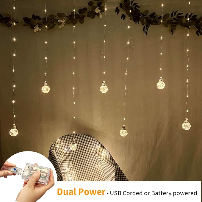 YOLIGHT Wishing Ball Curtain Lights 200 LED Window Curtain String Lights with Remote, USB Battery Powered Twinkle Globe Fairy Lights for Wedding Party Bedroom Christmas Decoration (Warm White) - Image 2