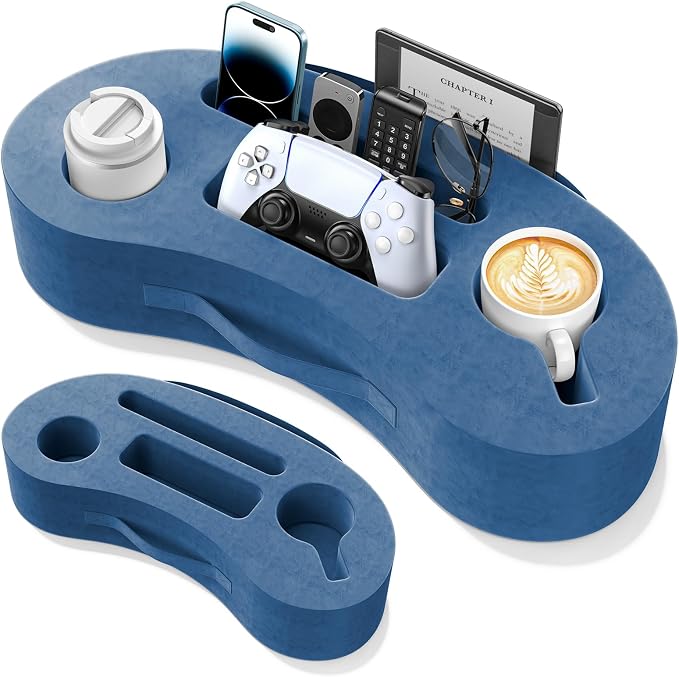 Couch Cup Holder Pillow, 20"x9" Couch Caddy Organizer, Sofa Cup Holder for Bed, Large Size Cup Cozy Pillow for Remote, Drink, Snack, Phone, Game Controller, Kindle, Washable, Blue by Unknown