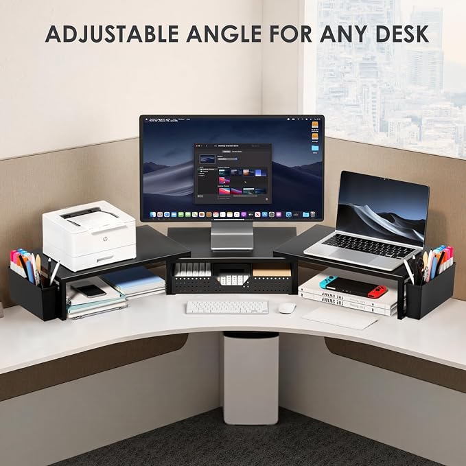 OPNICE Desk Organizers and Accessories, Dual Monitor Stand Riser with Drawer and 2 Pen Holders, Desk Shelf Computer Racks for Office Workspace Organizers, Desktop Organization (Black) - Image 6