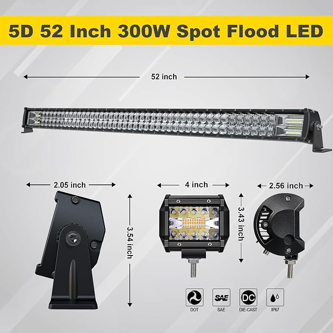5D 52Inch Straight LED Light Bar 4Inch LED Pods White/Amber Strobe - Image 2