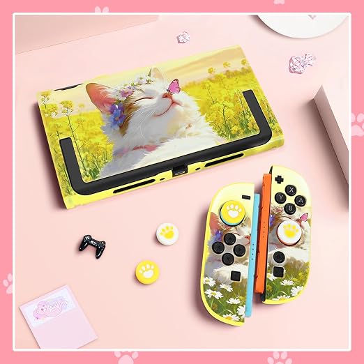 DLseego Protective Hard Case for Nintendo Switch 2 (2025), Soft Grip Cover for Handle, Detachable Joy-Handle Controller Shockproof & Scratch-Resistant Console Shell, 4 Thumb Grips, Cute Cat - Yellow - Image 4