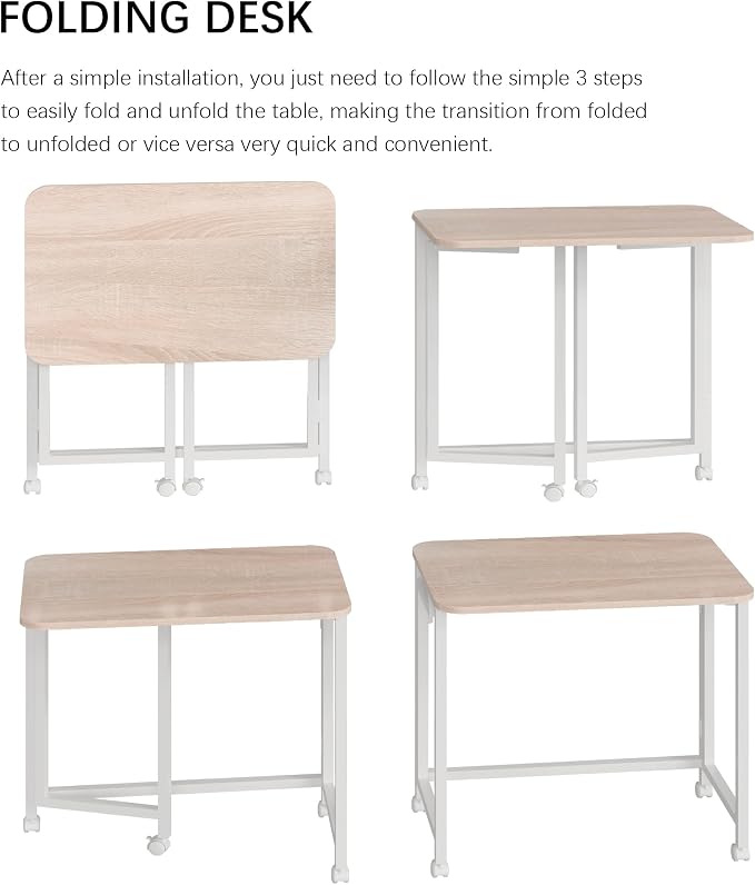 JSB Folding Desk for Small Spaces,Mobile Portable Rolling Laptop PC Table on Wheels,Foldable Computer Desk for Home Office,Bedroom,Dorm,Space Saving (Natural & White, 27.6") - Image 4