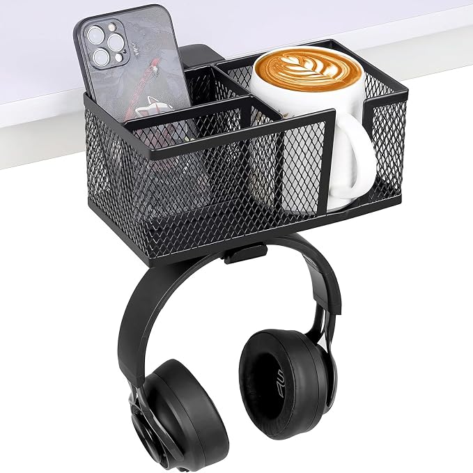 Multi-Function Desk Cup Holder with Headphone Hanger, 3 in 1 Caddy Organizer for Salon Chair, Bedside, Desk or Table - Sturdy Anti-Spill Drink Holder for Water Bottles, Coffee, Bag (Black) by WREWING