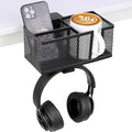 Multi-Function Desk Cup Holder with Headphone Hanger, 3 in 1 Caddy Organizer for Salon Chair, Bedside, Desk or Table - Sturdy Anti-Spill Drink Holder for Water Bottles, Coffee, Bag (Black) by WREWING