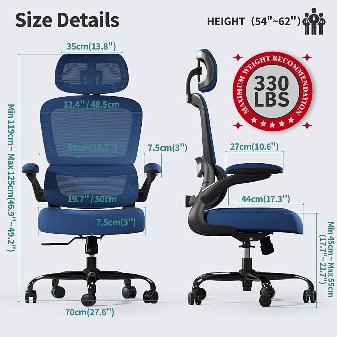 TRALT Office Chair Ergonomic Desk Chair - Gaming Chair with Lumbar Support | 330 LBS Home Office Desk Chairs with Headrest, Reading Chair with Flip-up Armrests, Comfortable Computer Chairs (1, Blue) - Image 2