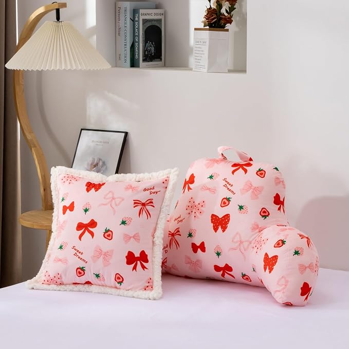 A Nice Night Kids Back Reading Pillow for Reading and Watching TV Bed to Lounge, Cute Ribbon Bowknot Strawberry Printed,with Matching Cushion Cover - Image 7