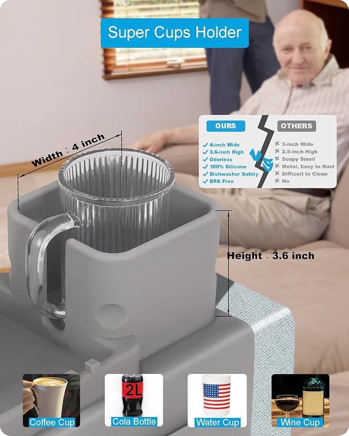 Silicone Couch Cup Holder, VIENFUT Anti-Spill and Anti-Slip Sofa Armrest Tray, Dirt-Resistant Silicone Couch Arm Tray for Remote, Snacks, Cellphone and iPad, Gift for Family, Friend (Gray) - Image 2