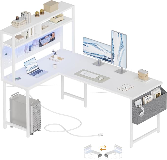 Mericonia 51 in L Shaped Desk with Pegboard, Reversible Corner Gaming Desk | Large Computer Desk with Hutch, Power Outlets, LED Light & Storage Bag, Office Table for Home Bedroom Study Work Writing by MERICONIA