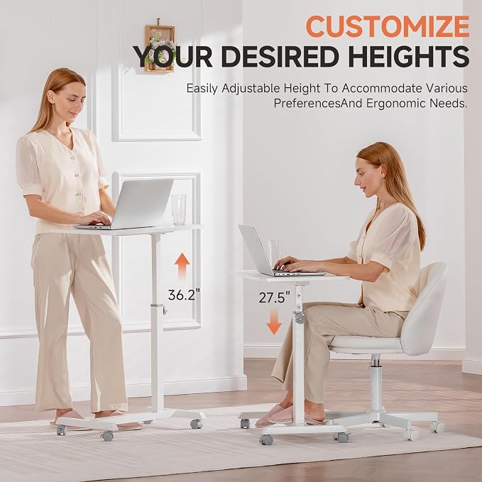 GTPLAYER Small Standing Desk, 24 Inches Mobile Rolling Laptop PC Table with Lockable Casters, Adjustable Height Overbed Bedside Table Computer Workstation for Home Office, White-Fixed - Image 4