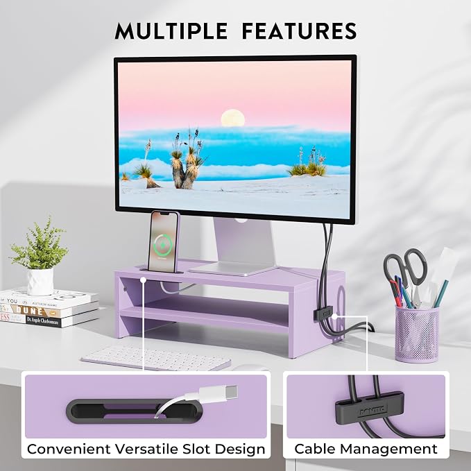 BONTEC Wooden Monitor Stand Riser for Desk, 2-Tier Computer Monitor Stand | 66 lbs Desk Shelf Organizer with Storage, Laptop & Printer Stand with Phone Holder and Cable Management, Purple, 16.5 Inch - Image 2