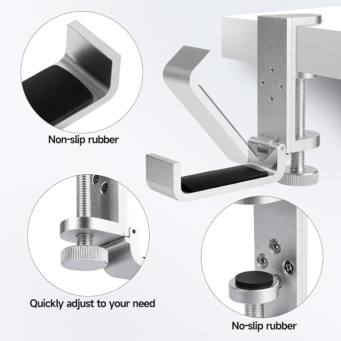 All Aluminum Foldable Headphone Holder - Universal Stand for Gaming PC Accessories, Under Desk Clamp Hook (Silver) - Image 3