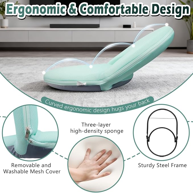 Floor Chair Floor Cushion Folding Padded Gaming Chair Adjustable 5-Position Floor Seat with Back Support for Kids Adult Great for Gaming Reading Meditating - Image 4