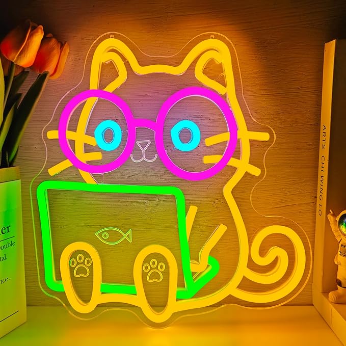 Nerd Cat Neon Sign Technical Support Cat Led Sign Dimmable Kitten with Glasses Playing Laptop Computer Neon Lights Funny Gift for Programmers Cat Lovers by hhuohuona