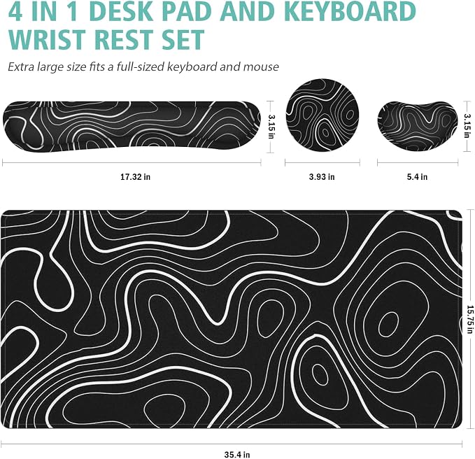 4 in 1 Large Mouse Pad,Keyboard Wrist Rest Set,Desk Mat with Stitched Edges Thicken Desk Pad,Wrist Support for Keyboard and Mouse,Desk Mat for Home Office Game(Black Marble) - Image 2