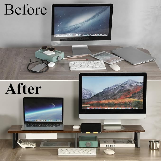 TEAMIX 42 inch Dual Monitor Stand with Storage Drawer & Phone Holder, Brown | Laptop, PC, Printer, TV Stand Riser, Wood & Steel, Holds 300lbs, Keyboard & PS5 Storage underneath, For Home Office & Gaming - Image 5