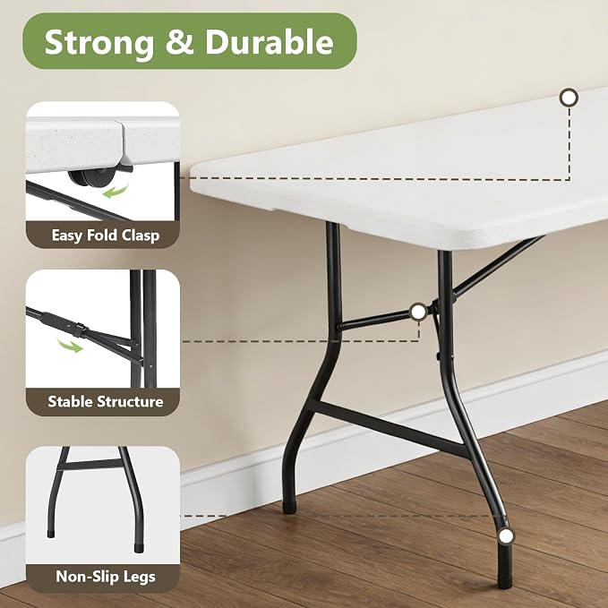 8FT Folding Table, Heavy Duty Plastic Fold-in-Half Utility Table with Handle, Portable Camping Picnic Table with Steel Legs for Indoor Outdoor Party, Dining, White - Image 4