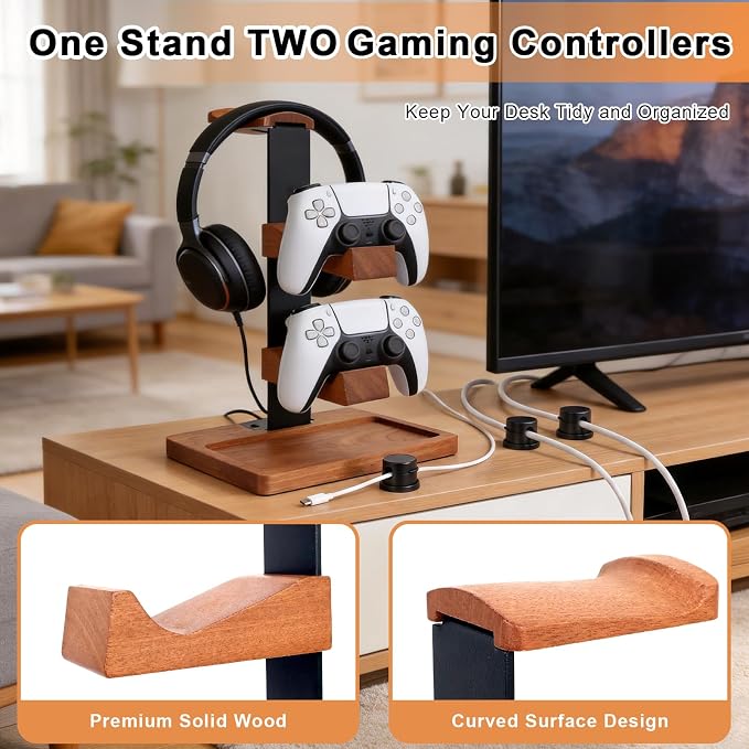 Headset Stand with Dual Controller Holder, Solid Wood | Headphone Stand with Storage Base, Gaming Equipment Accessories for Desk, Controller Holder for Gamers - Image 2