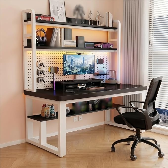 47in Gaming Desk with Pegboard and Hutch Computer Workstation | Optimize Your Space with This Study Table. Features A Steel Frame, Vertical Hutch, and Storage Shelves.(B,100CM/39.3IN) by Unknown