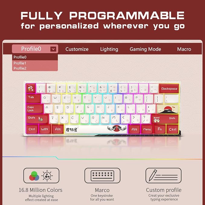 HITIME XVX M61 60% Mechanical Keyboard Wireless, Ultra-Compact 2.4G Rechargeable Gaming Keyboard, RGB Backlit Ergonomic, for Windows Mac PC Gamers(Izakaya Theme) - Image 5