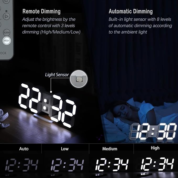 KOSUMOSU 3D LED Digital Wall Clock ,9.7", Large Display Table/ Desk Clock with Remote Control 12/24H Temperature (White Light) - Image 4