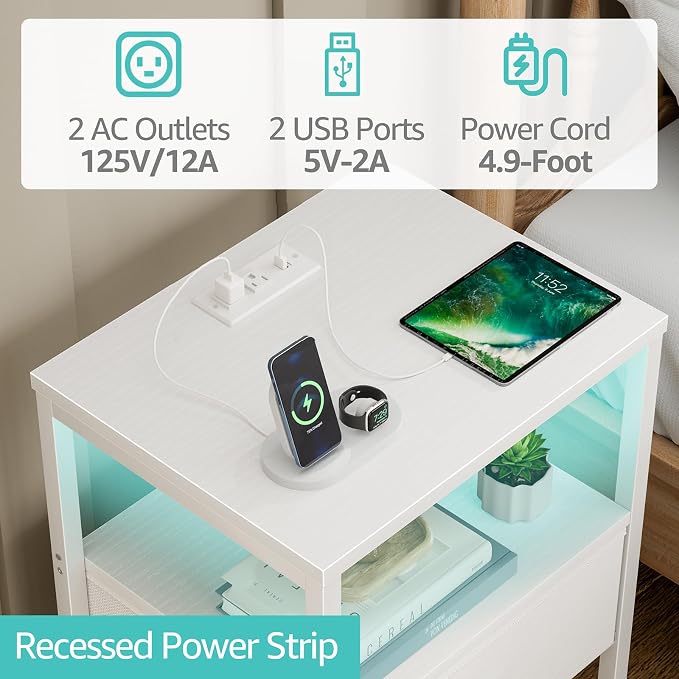 BOLUO White Nightstand with Charging Station, LED Night Stand with Fabric Drawers and Shelf, Bedside Table with USB Ports and Outlets, Bedroom Nightstand Modern - Image 5