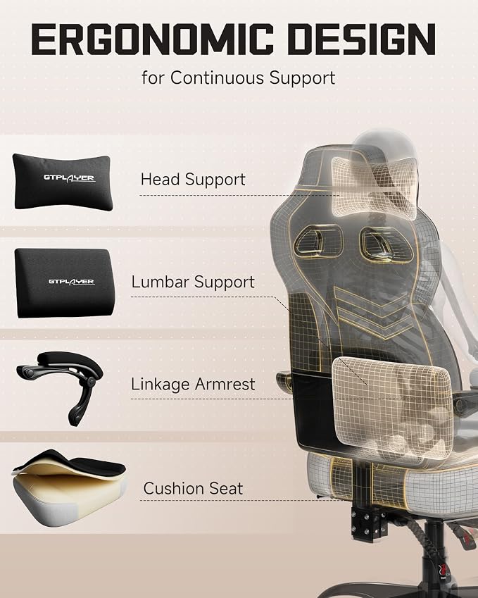 GTPLAYER Gaming Chair for Adults, Ergonomic High Back Chair with Footrest | Big & Tall Computer Video Gaming Chair, Comfort Wide Seat with Lumbar Support for Big/Tall, Office/Home, Linen, Black & Gray - Image 4