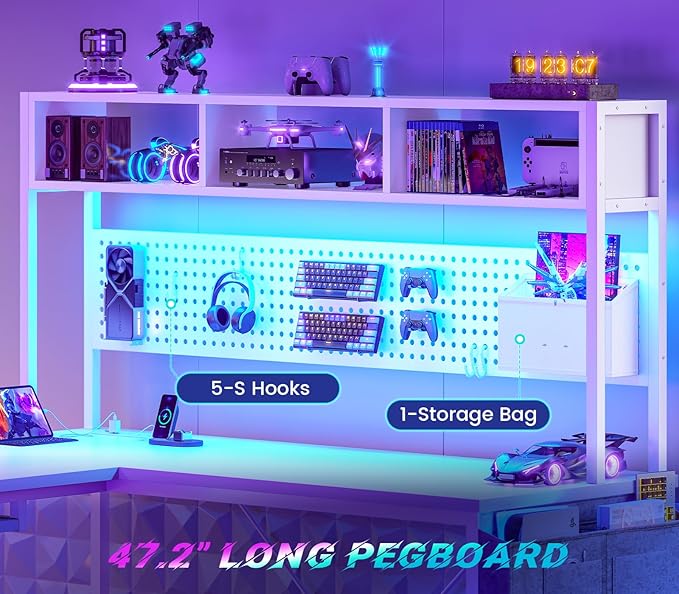SEDETA White L Shaped Gaming Desk with Hutch, Power Outlet and Pegboard | Reversible 94.5" Computer Desk Two Person Desk, Corner Desk with Storage Shelf Keyboard Tray and LED Lights for Home Office - Image 4