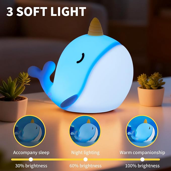 Narwhal Night Light, USB-C Rechargeable Silicone Lamp with Tap Control, 3-Level Dimming & 30-Min Auto Timer, 7-Color Changing Squishy Nursery Light, Birthday Gift for Kids - Image 3