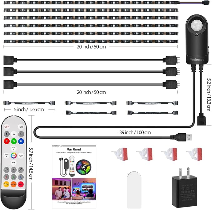 RGB Under Cabinet Lights with Motion Sensor, 6 Pre-Cut LED Strip Lights with Remote Control, Music Sync Color Changing Closet Lights, for Kitchen, Counter, Shelf, TV Backlight, Bookcase, 9.8ft - Image 7