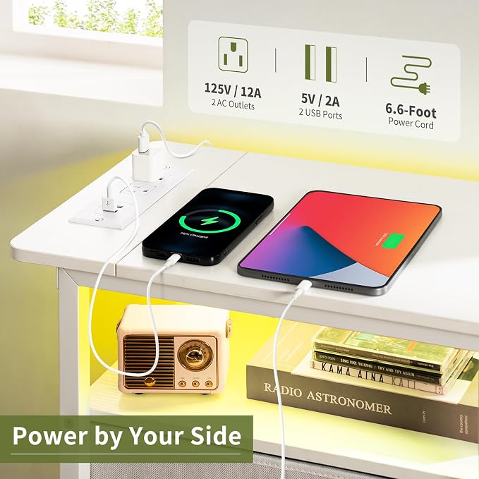 Yoobure End Table with Charging Station, LED Narrow Side Table Bedside Table, Small Night Stand End Tables Living Room, Skinny Nightstand with 3 Fabric Drawers, Side Tables Bedroom for Small Spaces - Image 5