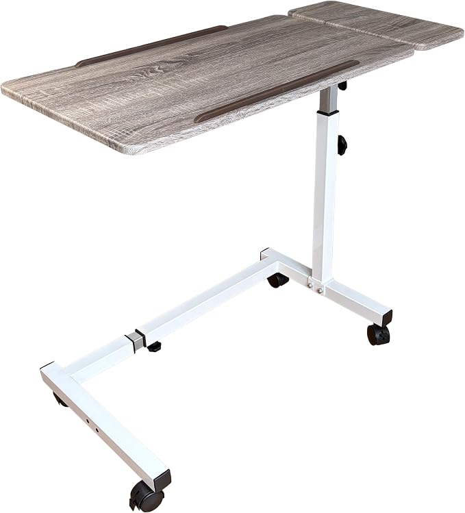 Recliner Table, Over the Bed Table with Wheels, Adjustable Width & Height, with Split Tilt Design & 4 Caster Wheels with Brakes (Vintage Oak Tabletop, White Base) by Unknown