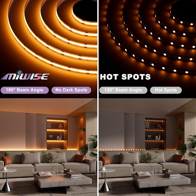 MIWISE RGB COB LED Strip Light 20ft/6.1m,Color Changing Dimmable Strip Light DC24V,Multicolor Flexible Tape Light 10mm Width,for TV,Bedroom,Party DIY Decoration(Power Supply&Controller NOT Included) - Image 2