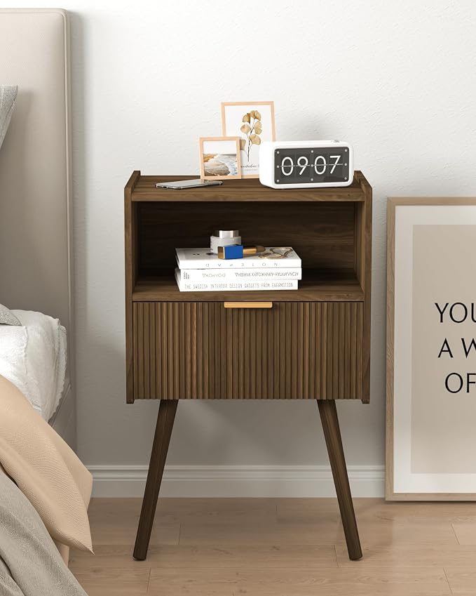 JOONEE Nightstand,Modern Bedside Table with Storage Drawer and Open Wood Shelf, for Living Room, Bedroom and Small Spaces, Accent Night Stand with Solid Wood Legs, Easy Assembly,Walnut Brown - Image 8