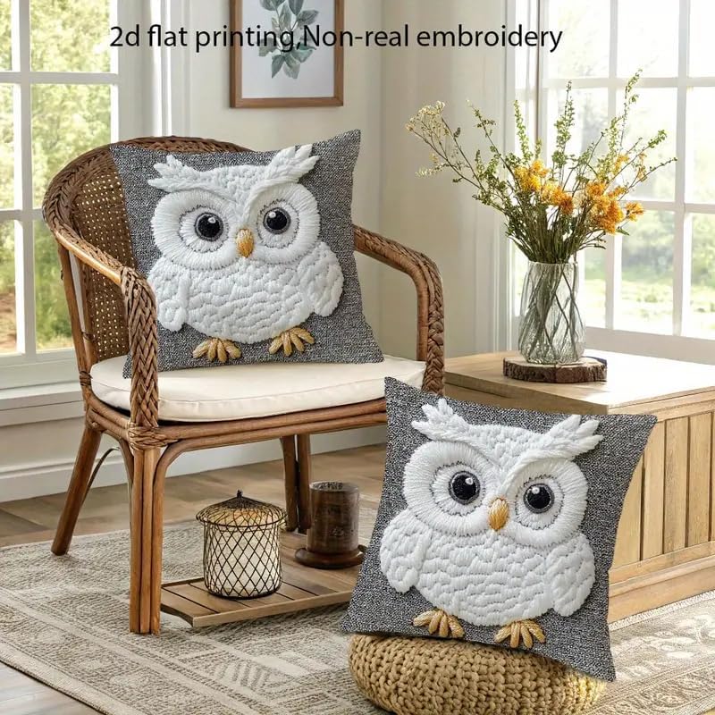 Decorative Owl Throw Pillow Cover, 2D Printed Design on Gray, White Non-Embroidered Pattern, Set of 2，18x18 Pillows Linen Pillowcase - Image 5