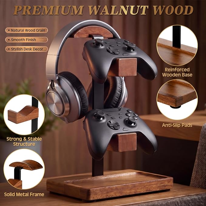 Headphone Stand with Controller Holder, Gaming Headset Stand for Desk, Walnut Headphone Holder Desk Organizer Gaming Accessories Gift for Gamers (Light Walnut) - Image 3