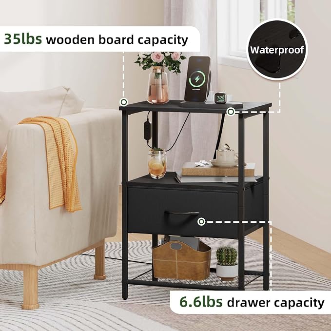 Somdot Nightstand with Charging Station & LED Light, Bedroom Bedside Table - Image 6
