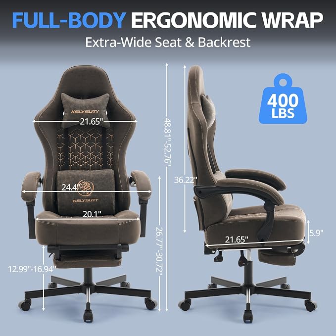 Desk Computer Gaming Chair - Ergonomic Game Office Chair with Extended Footrest and Massage Lumbar Support, Home Gamer Video Game Chairs with Spring Cushion for Adults (Pro Grey Leather) - Image 2
