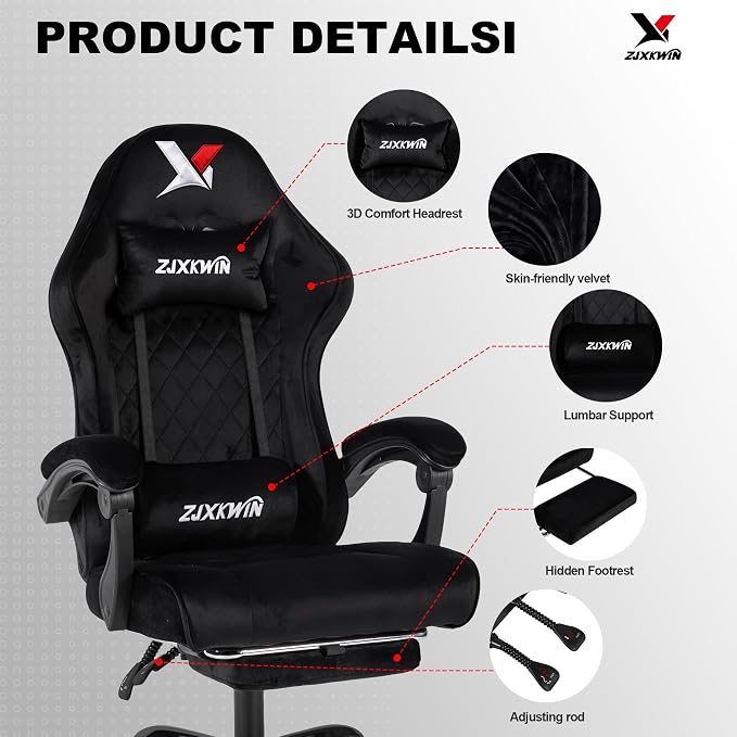 Fabric Gaming Chair for Adults,400lbs Ergonomic Office Chair with Footrest | Black Computer Chair with High Back,Racing Style, Spring Wide Cushion, Adjustable Headrest & Lumbar Support, 90-135° Recline - Image 5