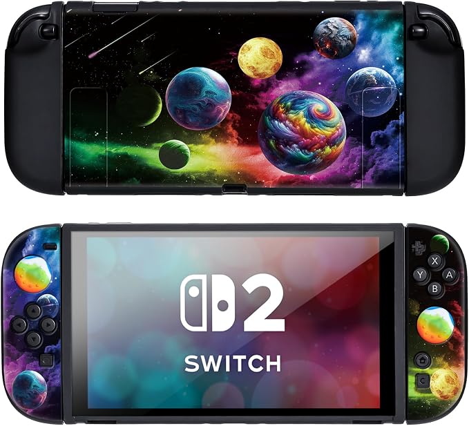 DLseego Protective Soft Case for Nintendo Switch 2 (2025), Soft Grip Cover for Handle, Detachable Joy-C Controller Shockproof & Scratch-Resistant Console Shell, 2 Thumb Grips, Planets - Colourful 2 by DLseego