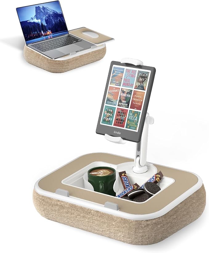 Viozon Kindle Pillow Stand Holder, Phone Holder for Bed, Laptop Lap Desk with Mouse Pad,Compatible with 4.7-13" Kindle/Tablet/Phone,10-15" Laptop, Snack Bowl&Cup Attachment&Detachable 360° Stand Arm by viozon