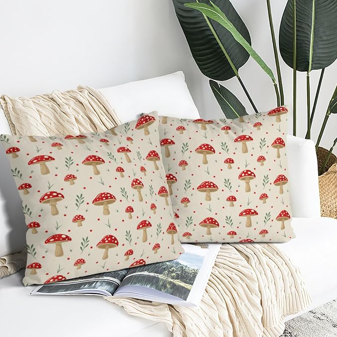 Red Mushroom Throw Pillows Cover 18x18 Set of 2, Decorative Pillow Cases Cute Cushion Covers for Sofa Couch Bedroom Mushroom Living Room Decor - Image 2