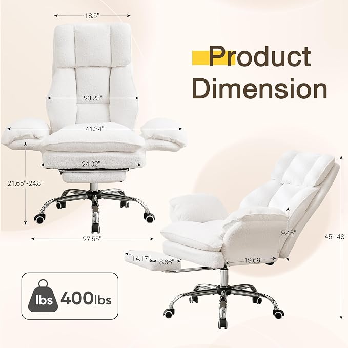 JOMEED Cloud Cross Legged Office Chair with Footrest,Flip Armrest,White | Ergonomic Teddy Big and Tall Executive Chair with Wheels,155° Reclining Computer Wide Desk Chair for Home,Office - Image 3