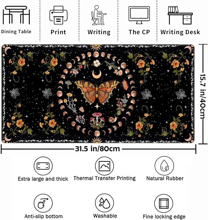 Moth Desk Pad Mushroom Phase Moon Phase Desk Mat, Boho Flowers and Leaves Computer Big Mouse Pad Washable Cloth Non-Slip Rubber Base Keyboard Pad Mouse Mat for Office with Stitched Eges 31.5x15.7 in - Image 2