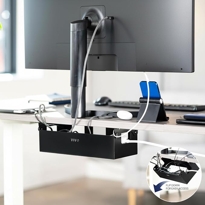VIVO Flip-Open 16 inch Under Desk Cable Management Holder, Under Standing Desk Steel Cord and Power Strip Organizer, Black, Desk-ACCBM1 - Image 2