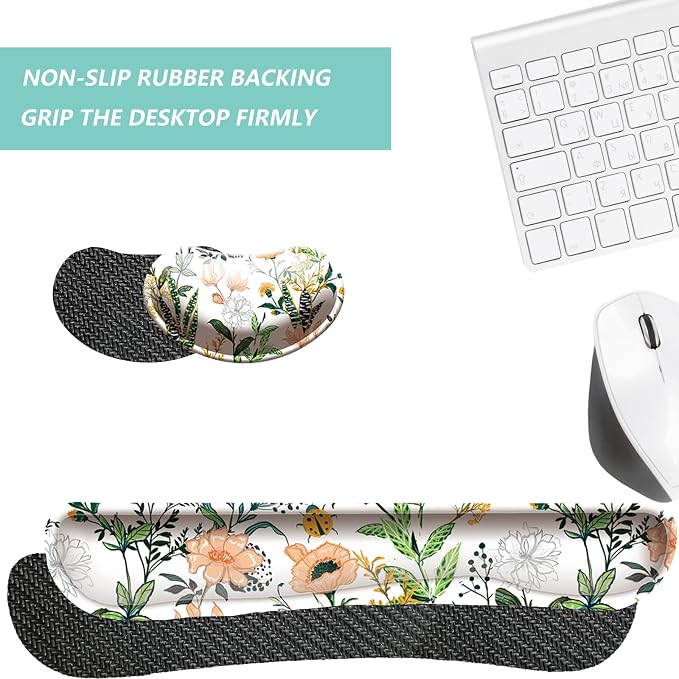 Keyboard Wrist Rest Mouse Wrist Support Set, Memory Foam Wrist Rest Pad for Computer Laptop Keyboard Mouse, Ergonomic Wrist Cushion Support for Typing Pain Relief, Gaming Home Office, Flower White - Image 4