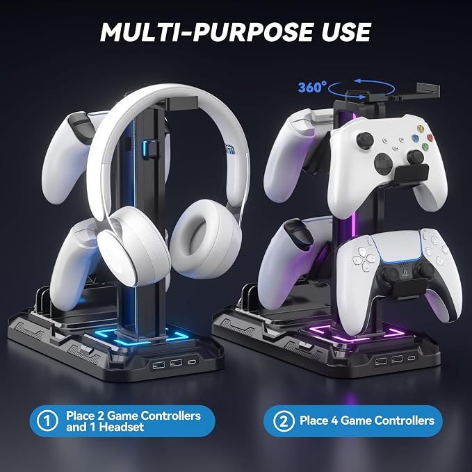 KDD Headset Stand with Charging Station - Detachable Controller Holder with 9 Light Modes - Rotatable Headphone Hanger with USB A&C Charger Ports - Earphone Hook for PC Gaming Accessories Storage - Image 7