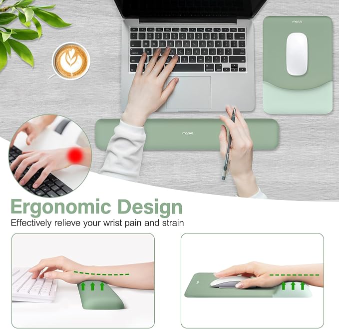 MOSISO Keyboard Mouse Pad Set, Large Gaming Mouse Pad&Keyboard Wrist Rest | Rectangular Mousepad with Wrist Rest&Coaster, Ergonomic Non-Slip&Easy Typing Pad with Curved Silicone Lining, Antique Green - Image 3