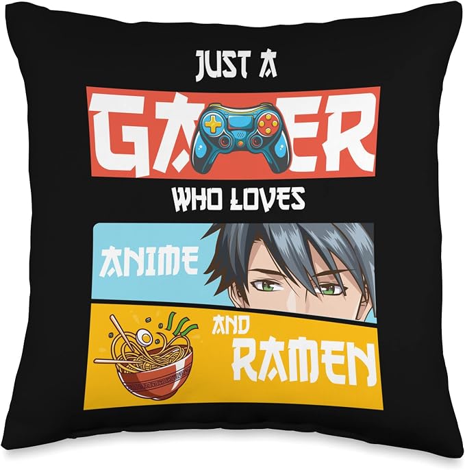 Just A Gamer Who Loves Anime and Ramen Boy Kids funny animes Throw Pillow by Unknown