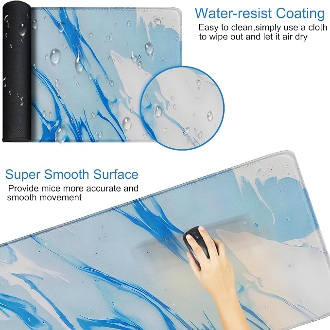 Extra Large Gaming Mouse Pad 31.5 x 11.8 in, Waterproof Mousepad with Stitched Edges, Premium Microfiber Cloth Surface, Non-Slip Base Keyboard Desk Mat for Home Office Gaming, Marble Blue White - Image 3