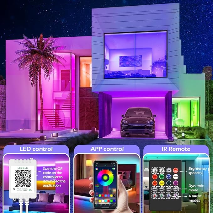 Led Strip Lights,Long Smart Led Light Strips Music Sync 5050 RGB Color Changing Rope Lights,Bluetooth APP/IR Remote/Switch Box Control Led Lights for Bedroom,Home Decoration,Party,Festival (200FT) - Image 2